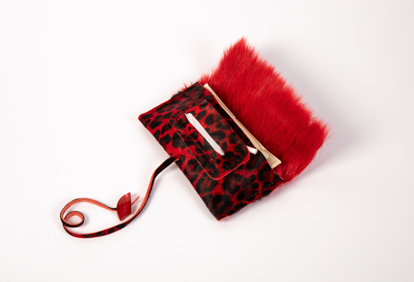 Red fur and leather tobacco pouch